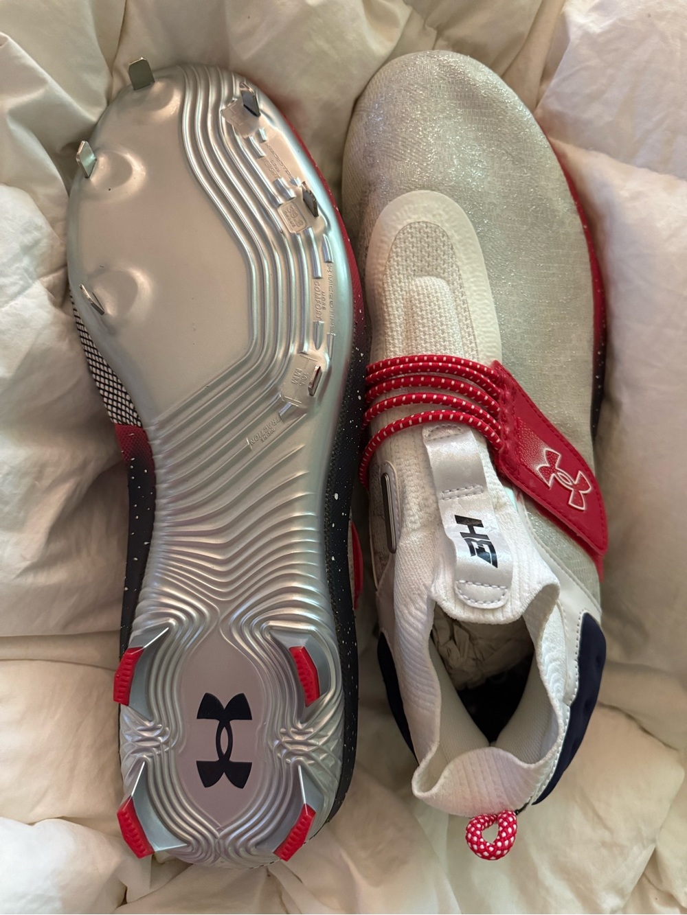 Under Armour Bryce Harper Red & Silver metal baseball spikes